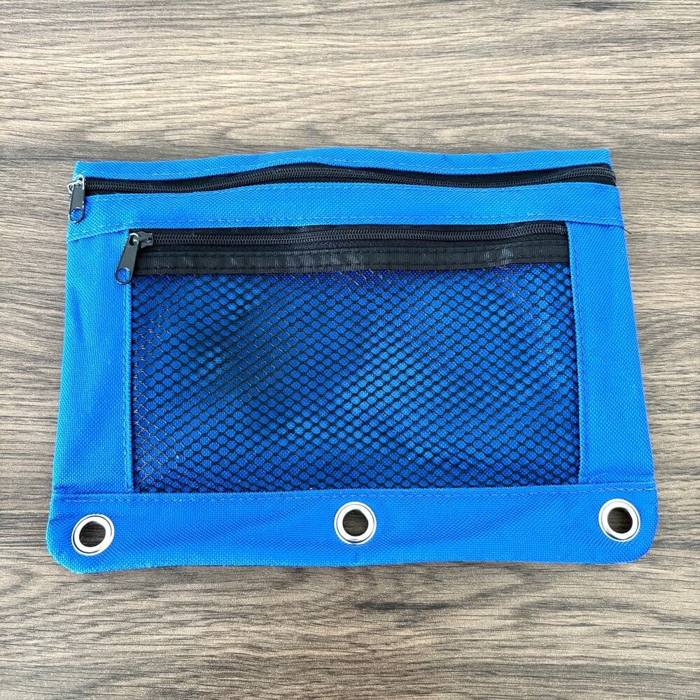 Blue Fabric Zipper Pencil Case with Holes and Metal Grommets for Binder